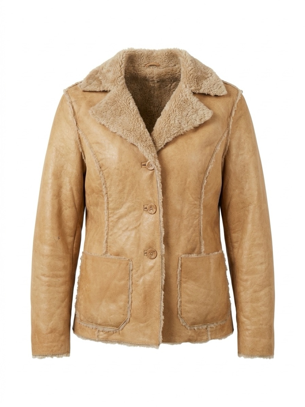 Vtg Guess Leather Coat Women M Camel/Tan Jacket Faux Fur Fully Lined Penny Lane